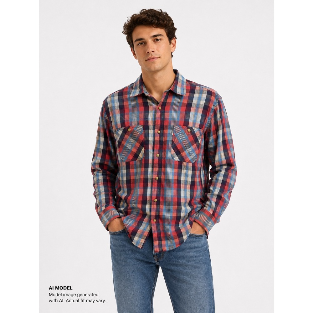 Levis Mens Standard Fit Plaid Button Down Shirt Red Blue White Size M